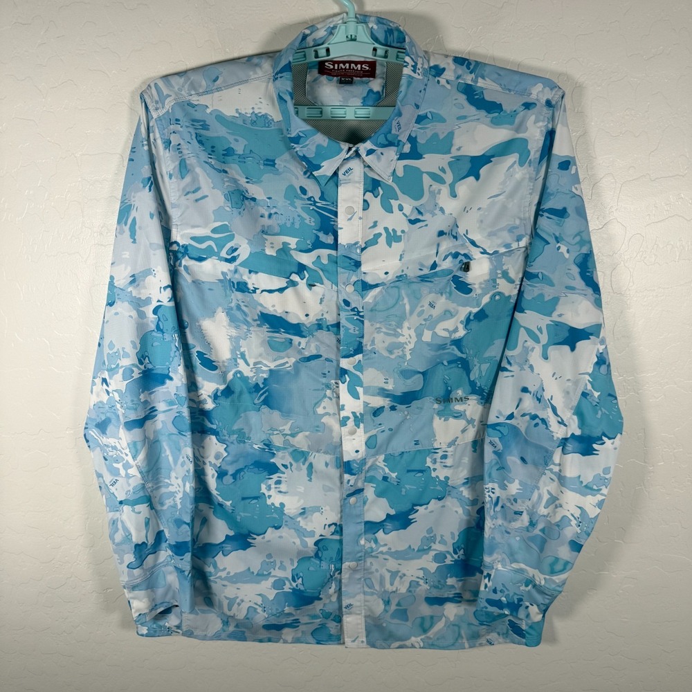 Simms Fishing Shirt Mens 2XL Blue White Veil Camo Snap Button Outdoor Hiking *